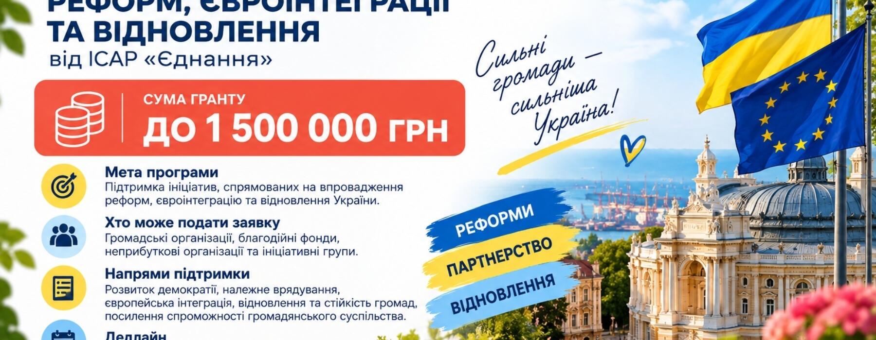 До 1 500 000 грн на проєкти з підтримки реформ, євроінтеграції та відновлення України